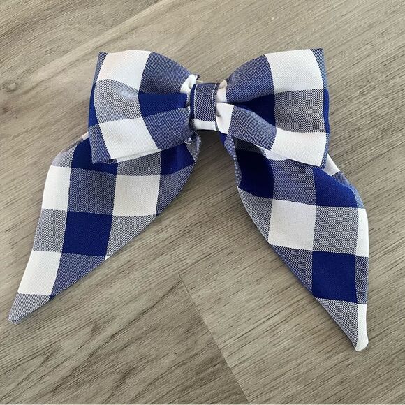 NEW Navy Blue Gingham Print Fabric Bow French Hair Barrette - Picture 1 of 1